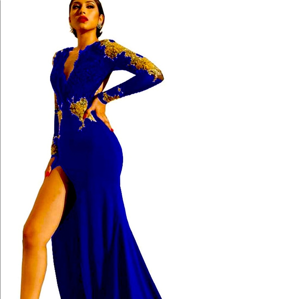 Brand New Royal Blue and Gold Dress with Train